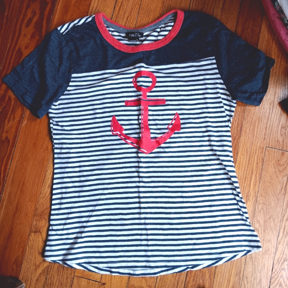 3 for $23 tops!! Rue21 Women's Navy, Dark Salmon, & White Striped Anchor Top, SM